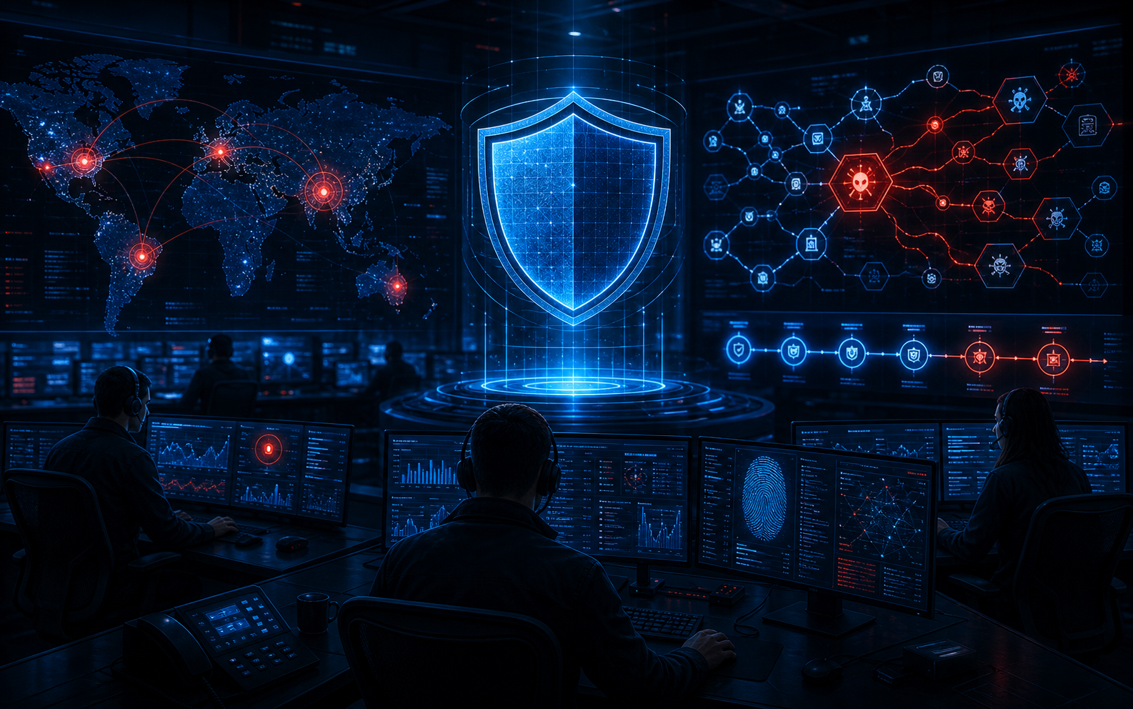 Defensive security operations center with blue shield, threat map, and incident response dashboards