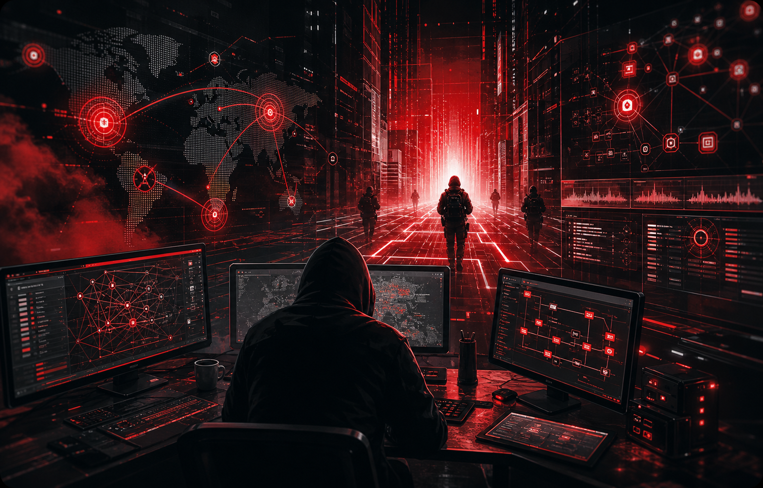 Offensive security red team command environment with exploit paths and attack simulation dashboards